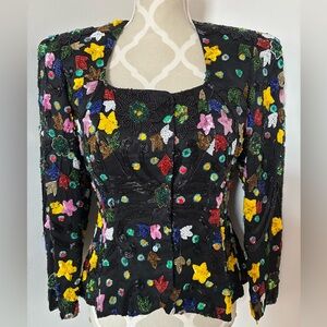 Vintage 80s Heavy Beaded Sequin MultiColor Stars Blazer Jacket Sz M/L